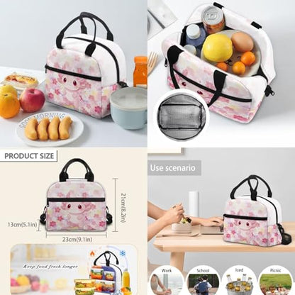 17 Inch Kid's 4PCS Backpack Set, Back to School Essentials | Insulated lunch box, water bottle pouch, pencil case, lightweight, padded shoulder straps, for elementary, middle school - color: Cherry Blossom Axolotl
