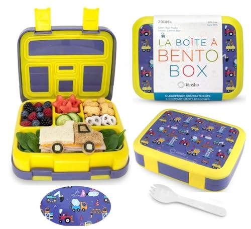 kinsho Bento Lunch Box For Kids Toddlers Boys, 5 Portion Sections Secure Lid, Microwave Safe Bpa Free Removable Tray, Pre-School Daycare Divided Snack Container Ages 3 To 5, Blue Yellow Trucks - color: Blue Yellow Truck Bento