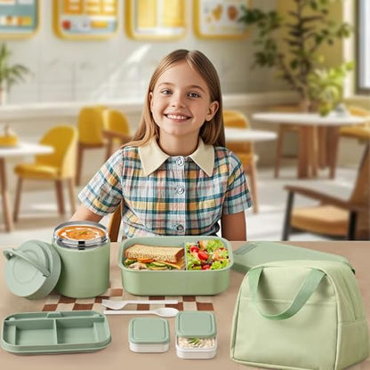Large Bento Lunch Box Set for Adults Kids Women with 10.5oz Soup Thermo,Coffee Tumblers Men Girls Boys Teenagers Leak-Proof Lunch Food Containers with Lunch Bag - color: Green