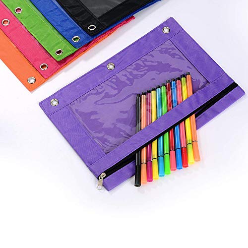 Pencil Pouch for 3 Ring Binder, Zipper Pencil Case Bag Three Hole with Clear Window Black 2 Pack - color: Black1