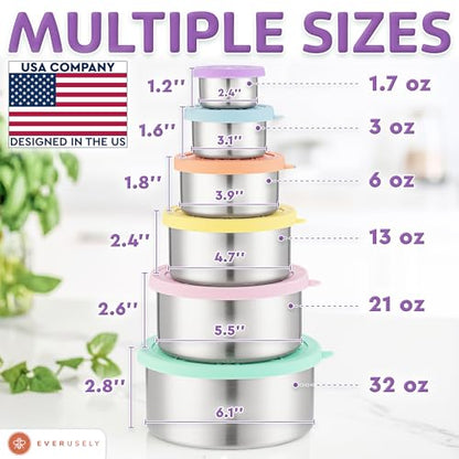 Everusely - Stainless Steel Containers with Lids - Set of 6, Bright Collection - Leakproof Stainless Steel Food Containers - Nesting Snack Holders - Metal Lunch Box - Portable & Reusable Meal Kit - color: Pack of 6