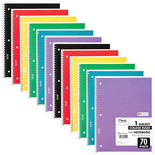 Mead Spiral Notebook, 12 Pack, 1 Subject, College Ruled Paper, 7-1/2" x 10-1/2", 70 Sheets per Notebook, Colors Will Vary (830063-ECM25) - size: Pack of 12