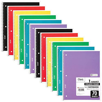 Mead Spiral Notebook, 12 Pack, 1 Subject, College Ruled Paper, 7-1/2" x 10-1/2", 70 Sheets per Notebook, Colors Will Vary (830063-ECM25) - size: Pack of 12