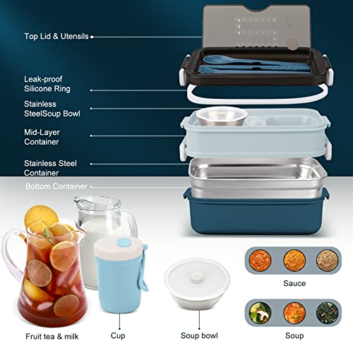 2-Tier Bento Lunch Box for Men & Adults with Insulated Lunch Bag | 50 OZ Large Capacity Bento Box with BPA-Free Utensils & Cup & Sauce Container, Leakproof, Microwave Safe for Work & Meal Prep - color: Blue