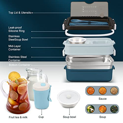 2-Tier Bento Lunch Box for Men & Adults with Insulated Lunch Bag | 50 OZ Large Capacity Bento Box with BPA-Free Utensils & Cup & Sauce Container, Leakproof, Microwave Safe for Work & Meal Prep - color: Blue