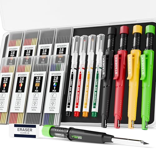 STAGEEK 4 Pack Carpenter Pencils with Sharpener, Mechanical Carpenter Pencils with 76 Refills, Construction Pencil Heavy Duty Woodworking Tools, Deep Hole Long Nib Marker Pens for Architect Marking - color: Red/Black/Yellow/Green