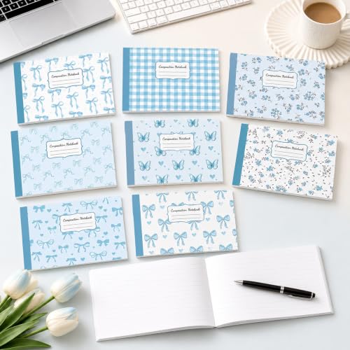 16 Pack Mini Composition Notebooks Bulk College Ruled 7.4'' x 4.7'' Blue Bow Half Size Composition Books 80 Pages Small Pocket Journal Books Back to School Gift for Student Teacher Office Supplies - color: Blue Bow