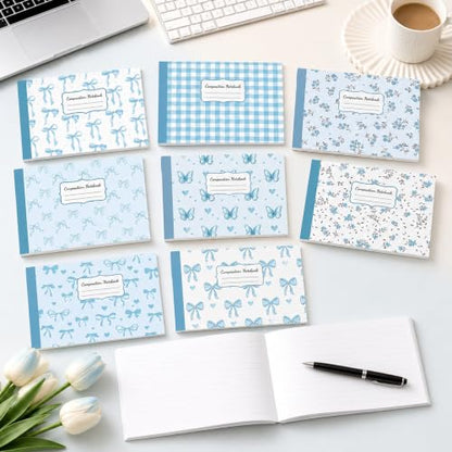 16 Pack Mini Composition Notebooks Bulk College Ruled 7.4'' x 4.7'' Blue Bow Half Size Composition Books 80 Pages Small Pocket Journal Books Back to School Gift for Student Teacher Office Supplies - color: Blue Bow
