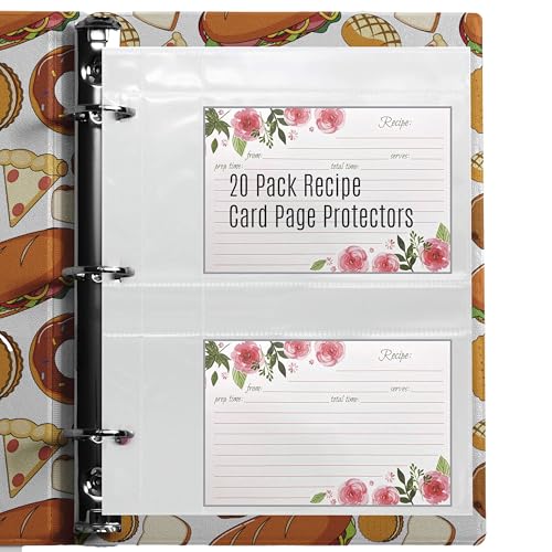 20 Pack of Recipe Card Page Protectors, Clear Refill Sheets Recipe Organizer for 3 Ring Binders, 4" x 6", 2 Pockets Per Page, Holds 4 Cards Per Sheet, Perfect for Recipe and Photo Sleeves Organizing