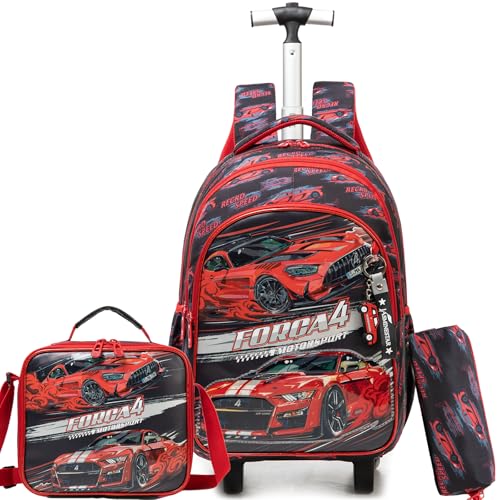 Boys Rolling Backpack for School Backpack with Wheels for Kids Roller Backpacks for Kids Backpacks with Lunch Box Pencil Case for Elementary Back to School Supplies - color: Black Race Car