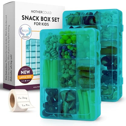 Large Kids Snack Box Containers Set of 2 -100 Labels, BPA-Free, Adjustable Compartments, Dishwasher Safe, Reusable Tray, Food Grade, Meal Prep Container, PARENT TESTED PARENT APPROVED AWARD (Blue) - color: Blue, size: Large