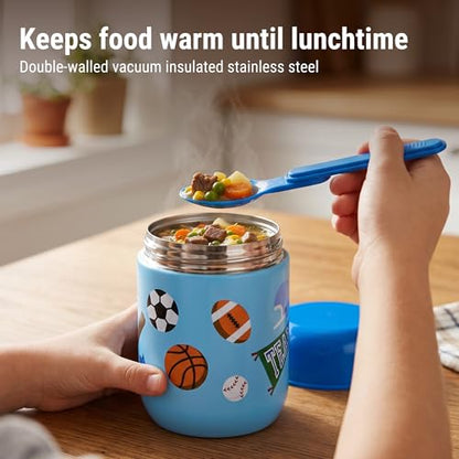 Wildkin Kids 10 oz Insulated Food Jar, Game On | Wide-mouth 10 oz jar keeps food hot up to 5 hrs and cold up to 7 hrs · includes two folding spoons · stainless steel interior - color: Game On