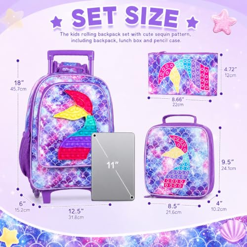 WZLVO 4PCS Rolling Backpack for Girls,Kids Mermaid Backpacks with Roller Wheels, Wheeled Bookbag with Lunch Box for Toddler Elementary School - color: Fish Rolling Purple