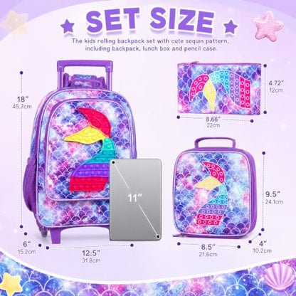 WZLVO 4PCS Rolling Backpack for Girls,Kids Mermaid Backpacks with Roller Wheels, Wheeled Bookbag with Lunch Box for Toddler Elementary School - color: Fish Rolling Purple