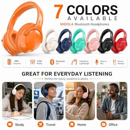 MIDOLA Bluetooth Headphones Over Ear, 68H Playtime Wireless Headphones with Microphone, 6 EQ Modes, HiFi Stereo Deep Bass, Foldable Lightweight Headset for Home Office, Cellphone, PC, Orange - color: Orange