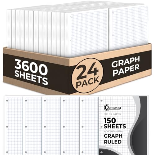 Rosmonde Loose Leaf Paper Bulk, 3600 Sheets, 24 Pack, Quad Ruled Sheets, 8" x 10.5", Bulk Notebook Papers, 3 Hole Punched, Graph Ruled Filler Paper for Binders, 150 Sheets/Pack, School Supplies, White - color: Graph Ruled, size: 24 Pack (3600 Sheets)