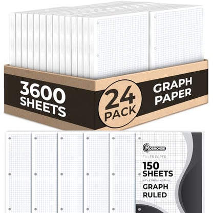 Rosmonde 3600 Sheets Loose Leaf Paper Bulk, 24 Pack, Graph Ruled Paper Bulk | Quad Ruled Sheets, 8" x 10.5", Bulk Notebook Papers, 3 Hole Punched, Graph Ruled Filler Paper for Binders, 150 Sheets/Pack - color: Graph Ruled, size: 24 Pack (3600 Sheets)