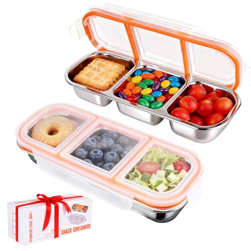 2 Pack 304 Stainless Steel Snack Containers | 3 Independent Sealed Compartments, Non-Toxic Leakproof Bento Box with Secure Lids. Snackle Box for Kids & Adults.