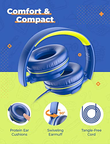 iClever 2Pack Kids Headphones with Sharing Splitter - 85dBA Safe Volume Limited - HS22 Wired Headphones for Kids Teens, Tangle-Free 3.5mm Jack Foldable Stereo Headphone for School/Tablet/Travel - color: Purple & Green