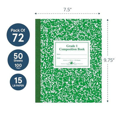 ROARING SPRING Primary Composition Book, Handwriting Notebook for Kids (4K - 1st Grade), Grade 1 Ruled, 1" Skip-Line Manuscript Paper, Flexible Cover, 9.75" x 7.5", 50 Sheets/100 Pages, 72 Pack - color: Green Marble