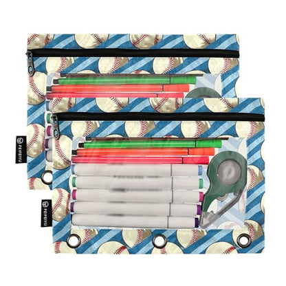 Binder Pencil Pouches, Retro Sport Pencil Case with Clear Window 3 Rings Cosmetic Bags Office Supplies 2 Pack - color: Baseball
