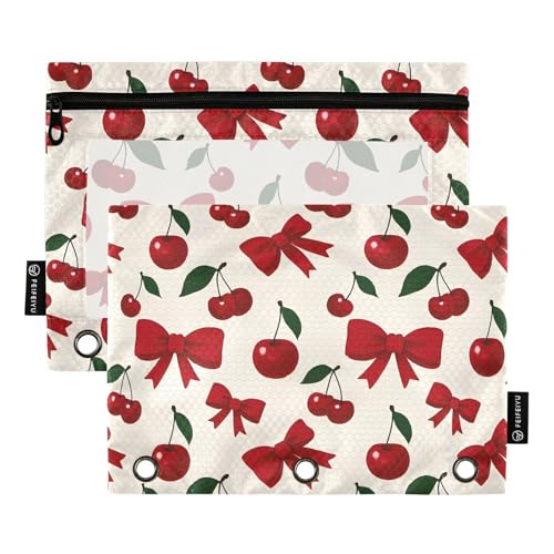 Pencil Pouch for 3 Ring Binder, Cherry Bow Pattern Large Pencil Case Clear Window Pen Bag, Zipper Binder Pouch Accessories for Office School Supplies, 2 Pack - color: A015, size: 9.84 x 7.08 x 0.19 in