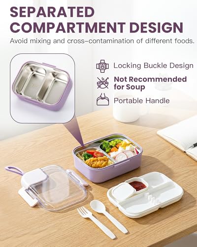 Lille Home 750 ML Meal Prep Lunch Box, Portable Stainless Steel Bento Box 2 Compartment Snack Container with Cutlery Set & Sauce Container, Easy to Carry, BPA Free(Purple) - color: Purple