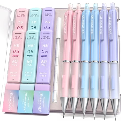 Four Candies Pastel Mechanical Pencil Set, 0.5mm Fine Point, Pack of 6 | 360 HB/2B Leads, 3 Erasers+9 Refills, Storage Case, Cute Pink/Purple/Blue Barrels, Rubber Grip, for Homework & Journal - style: 0.5 mm