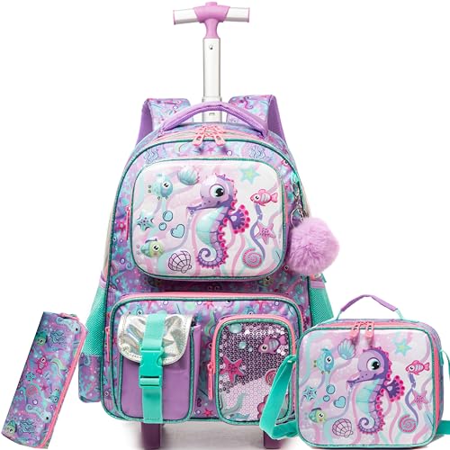 Meetbelify Kids Rolling Backpack with Wheels for Girls Rolling Backpacks with Lunch Box for Elementary School Students 3 in 1 Travel Luggage Suitcase for Girls Age 8-10 - color: Girl 03