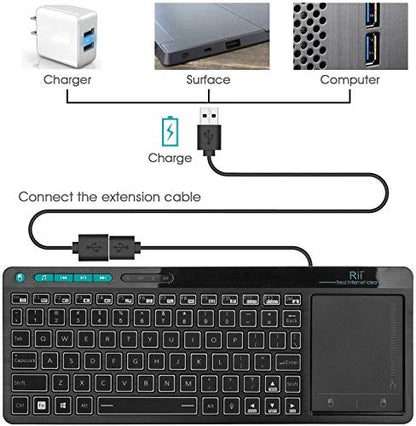 Rii K18 Plus Wireless 3-LED Color Backlit Multimedia Keyboard with Multi-Touch Big Size Trackpad,Rechargable Keyboard for Android TV Box,PC,Smart TV,Xbox,Raspberry Pi, HTPC IPTV,Windows, MacOS - style: 2.4G Version
