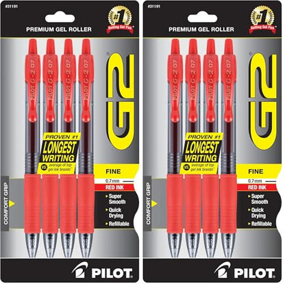 PILOT G2 Premium Gel Roller Pens,Fine Point 0.7 mm,Red Pens - Ideal for School,Journaling & Office Writing,(Pack of 8) - color: Red (Pack of 8)