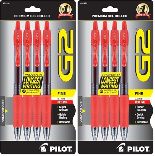 PILOT G2 Premium Gel Roller Pens,Fine Point 0.7 mm,Red Pens - Ideal for School,Journaling & Office Writing,(Pack of 8) - color: Red (Pack of 8)