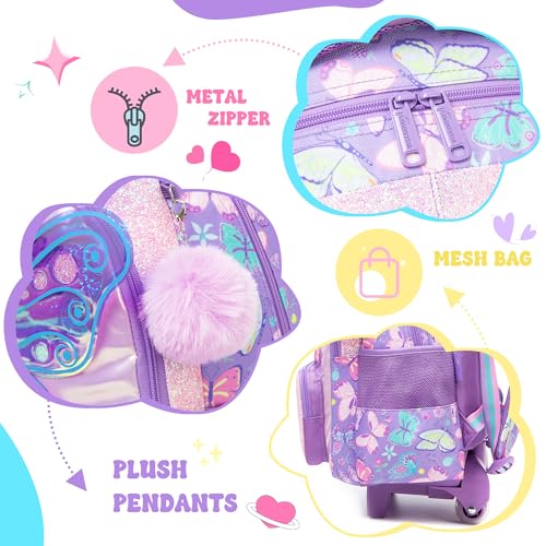 Girls Rolling Backpack with Wheels for Kids 3D Butterfly School Roller Backpack,Carry on Travel Luggage with Lunch Bag and Pencil Case for Girls Ages 5-12 - color: 01 Butterfly