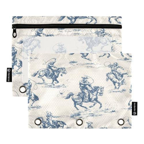 Pencil Pouch for 3 Ring Binder Cowboys on Horseback Zipper Binder Pouches Bags Pen Holder Case with Clear Window 2 Pack for School Office Supplies - color: Cowboys