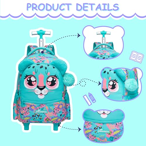 Rolling Backpack for Girls Backpacks with Wheels for Elementary School Students Kids 3 in 1 Travel Luggage Suitcase with Lunch Box Pencil Case for Girls Age 8-10 - color: Green