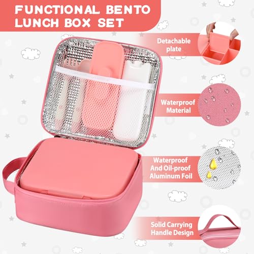 MAISON HUIS Bento Lunch Box with 8oz Soup Thermo, 5-Compartment Leak-Proof Container, Thermo Hot Food Jar and Insulated Lunch Bag, BPA Free,Travel, School (Pink) - color: Pink1