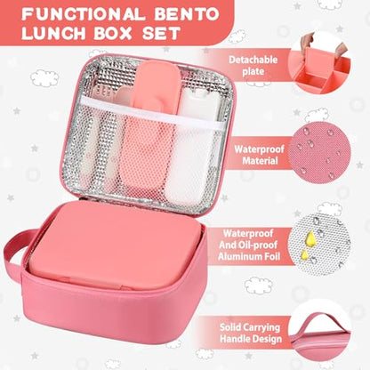 MAISON HUIS Bento Lunch Box with 8oz Soup Thermo, 5-Compartment Leak-Proof Container, Thermo Hot Food Jar and Insulated Lunch Bag, BPA Free,Travel, School (Pink) - color: Pink1