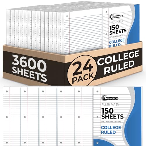 Rosmonde 24 Pack Loose Leaf Paper Bulk, 3600 Sheets, College Ruled Paper | Bulk Office Filler Paper, 8" x 10.5", 150 Sheets/Pack, Bulk Notebook Paper, 3 Hole Punched, College Ruled Paper For Binder - color: College Ruled, size: 24 Pack (3600 Sheets)