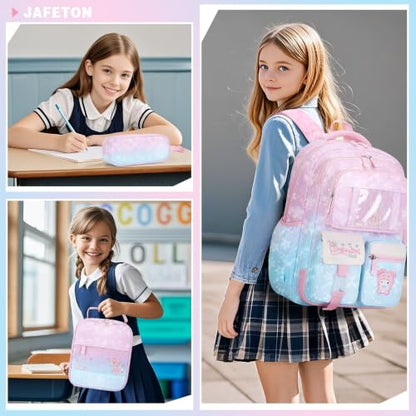 Jafeton Backpacks for Girls, Girls Backpack with Insulated Lunch Bag and Pencil Case for Kids Teens Elementary Middle High School Student, Cute Bow School Bag Travel Daypacks Book Bag Set - color: Pink Blue
