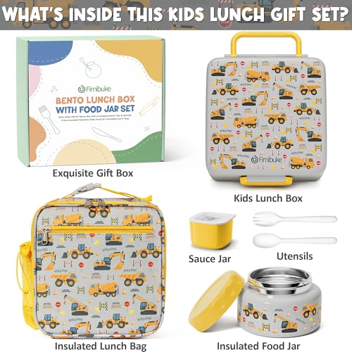 Fimibuke Bento lunch Box Set for Kids Adult with 8oz Insulated Food Jar, Lunch Bag & Sauce Cup, Leakproof Dishwasher Safe Toddler Lunch Food Container with 3-4 Compartment for School Girls Boys - color: A7.Engineering Trucks