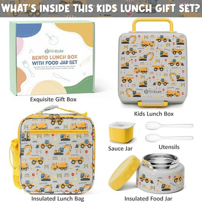 Fimibuke Bento lunch Box Set for Kids Adult with 8oz Insulated Food Jar, Lunch Bag & Sauce Cup, Leakproof Dishwasher Safe Toddler Lunch Food Container with 3-4 Compartment for School Girls Boys - color: A7.Engineering Trucks