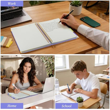 Hardcover Spiral Notebook Journal with Removable Dividers Tabs, 5 Subject Notebooks for Work School, 300 pages 8"x10" B5 leather Journal College Ruled, Cute Journal for women, Purple - color: Purple