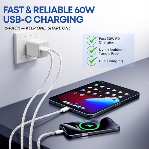 USB-C to USB-C Cable 2-Pack, 60W Fast Charging, Premium Nylon Braided, USB-C Power Delivery, Data Sync for iPhone 15/16/17, Android, Samsung, iPad, MacBook (2pack-3ft) - size: 2pack-3ft
