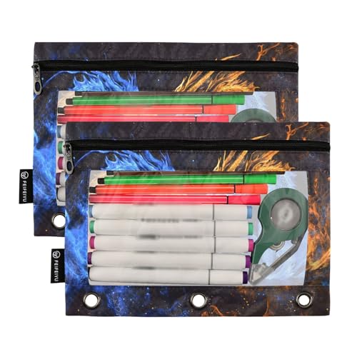 SUABO Blue Dragon Orange Fire Dragon Pencil Pouch for 3 Ring Binder, 2 PCS Binder Pencil Pouch with Zipper, Clear Window Zipper Pencil Case for Office Supplies - color: Gragon2