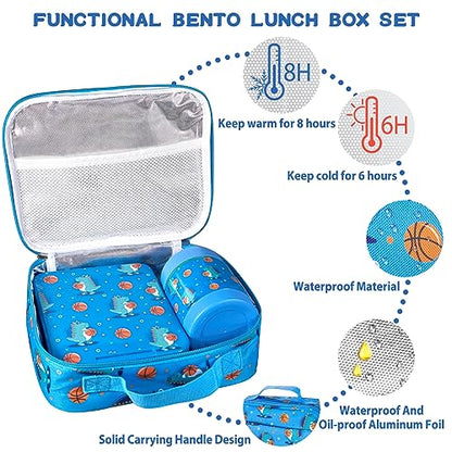 Bento Lunch Box Set for Kids with 10oz Soup Thermo, Leak-Proof Lunch Containers with 4 Compartment, Kids Thermo Hot Food Jar and Insulated Lunch Bag for Kid to School,BPA-Free(Basketball) - color: Basketball