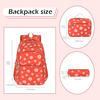 Glodwheat Daisy Printed Backpack For Girls- 3Pc Set With Lunch Box & Pencil Case, Lightweight Water-Resistant Bookbag For Elementary School - color: Orange
