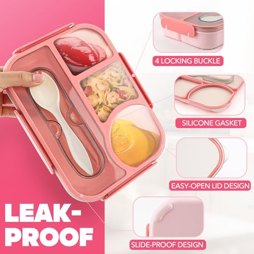 EASYFUN Bento Box Adult, Lunch Box, 4-Compartment Lunch Containers, Drop-Proof, Dishwasher Safe & Made with BPA-Free Materials (Pink) - color: Pink