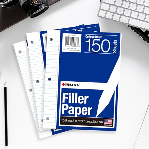 Kaisa Filler Paper Notebook Paper College Ruled 8"x10.5" Loose Leaf Paper for 3-Ring Binders 1800 Sheet/pack,12pack (Total 1800 Sheets) - color: College-new, size: 12pack