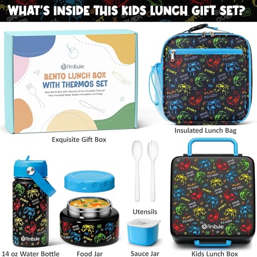 Fimibuke Bento Box for Kids Adult - Leakproof 3-4 Compartments Lunch Bento Box Set with Insulated Food Jar, Water Bottle, Lunch Bag, Sauce Cup & Cutlery for Toddler Teen Shcool Girl Boy Age 3+ - color: A3.Gamepad