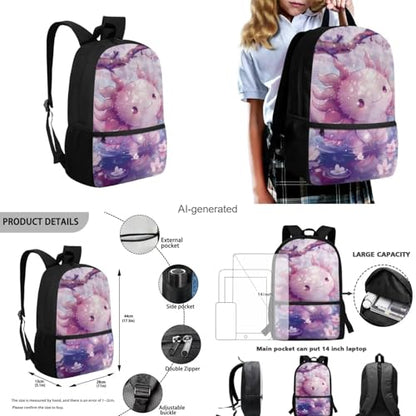 Cherry Blossom Axolotl Backpack for Girls Kids Backpack with Lunch Box Water Bottle Pouch and Kawaii Pencil Case 4PCS Set Cute Bookbag with Front Pocket 17" School Bag for Elementary Girls - color: Cute Cherry Blossom Axolotl